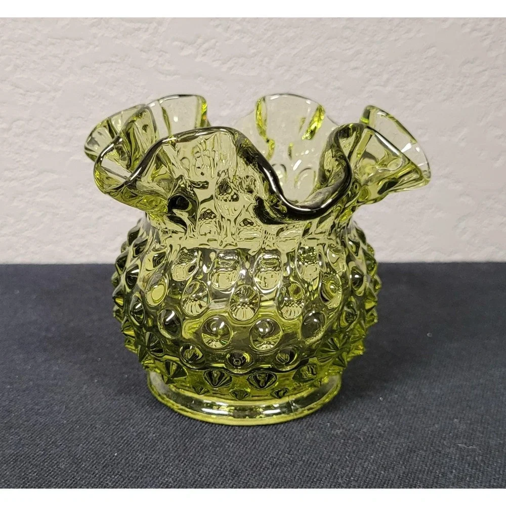 Fenton Art Glass Hobnail Rose Bowl Vase Colonial Green Vintage 1960s